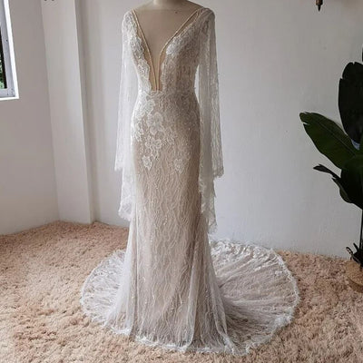 Luxury Lace Flare Sleeves Mermaid Beach Open Back Bridal Gown Beach Wedding Dresses BlissGown Ivory and Champagne 2 