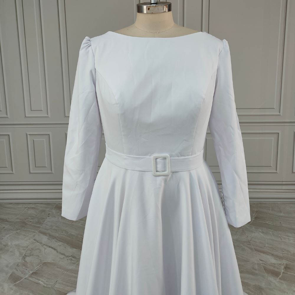 Modest Simple Pocket Beaded Satin Bridal Gown Classic Wedding Dresses BlissGown 