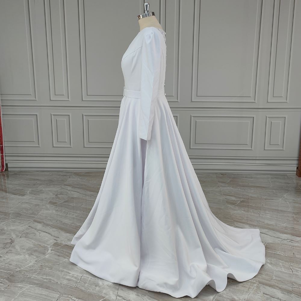 Modest Simple Pocket Beaded Satin Bridal Gown Classic Wedding Dresses BlissGown 
