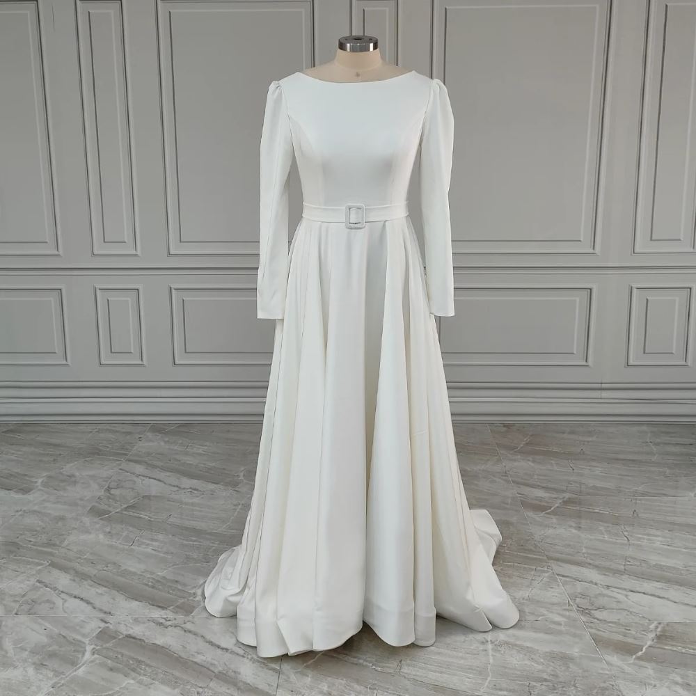 Modest Simple Pocket Beaded Satin Bridal Gown Classic Wedding Dresses BlissGown Ivory With Lace 2