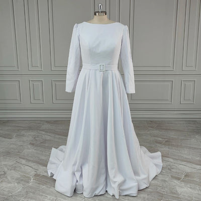 Modest Simple Pocket Beaded Satin Bridal Gown Classic Wedding Dresses BlissGown White No Lace 2