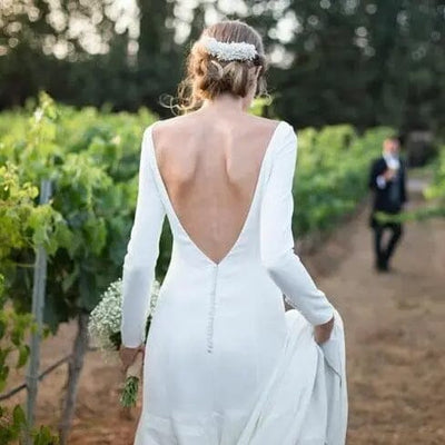 Modest Simple Satin Backless Long Sleeve Wedding Dress Classic Wedding Dresses BlissGown.com 