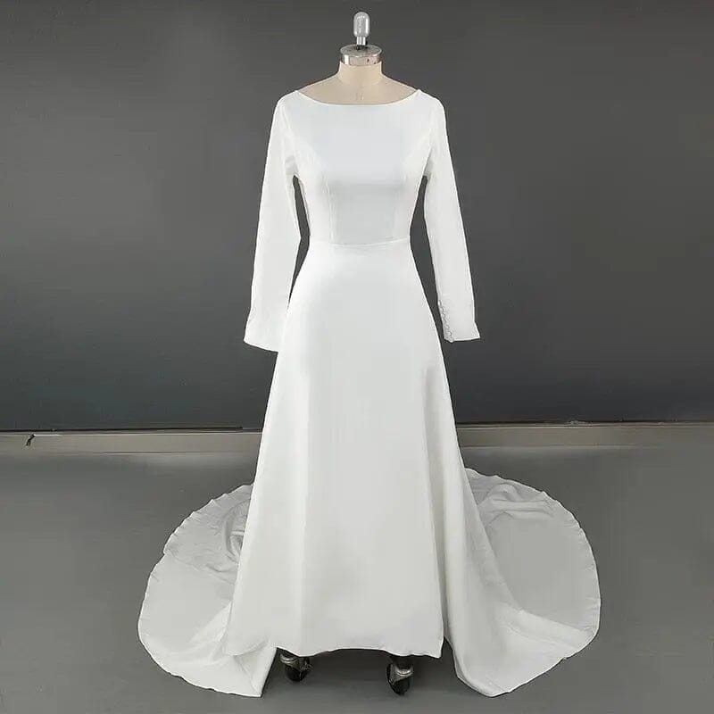 Modest Simple Satin Backless Long Sleeve Wedding Dress Classic Wedding Dresses BlissGown.com 