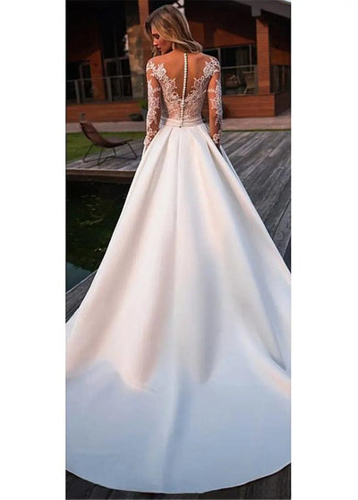Neckline Bridal Long Sleeves Wedding Dresses Classic Wedding Dresses BlissGown.com 