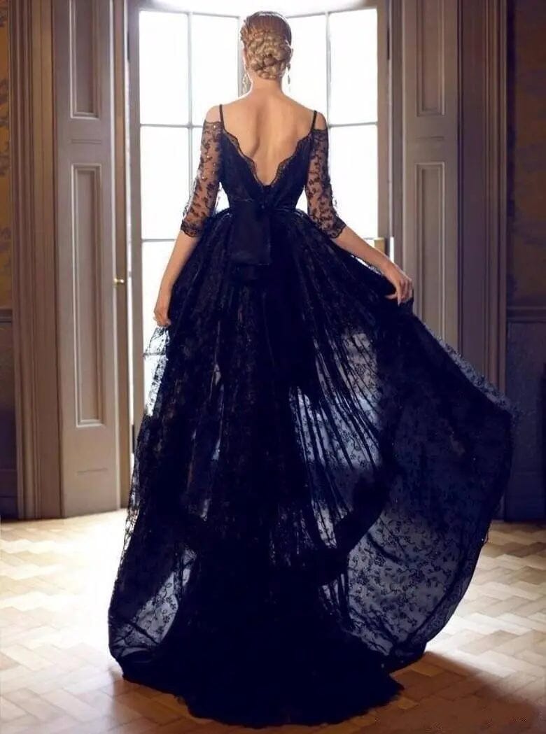 Off Shoulder 3/4 Sleeves Gothic Black Bridal Dress Boho Wedding Dresses BlissGown.com 