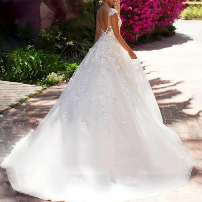 Off Shoulder Sexy V-neck Illusion Wedding Gowns Romantic Wedding Dresses BlissGown.com 