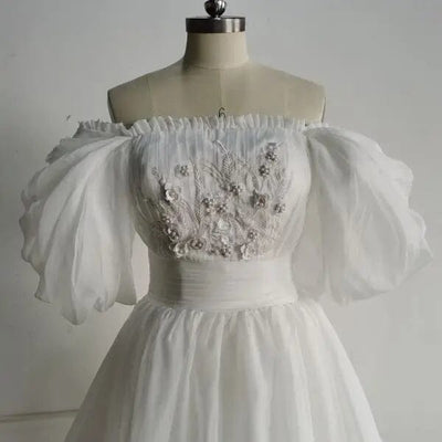 Off the Shoulder 3/4 Sleeve Wedding Dresses Vintage Wedding Dresses BlissGown.com 