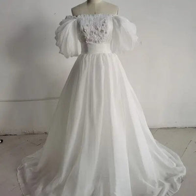 Off the Shoulder 3/4 Sleeve Wedding Dresses Vintage Wedding Dresses BlissGown.com White Custom Size Floor Length