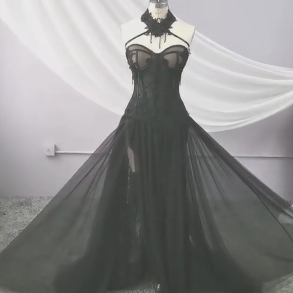 High Neckline Gothic Black Long Bridal Gown – BlissGown