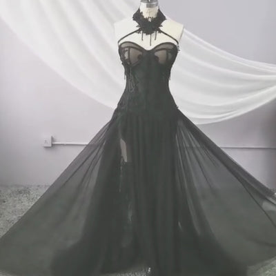 High Neckline Gothic Black Long Bridal Gown