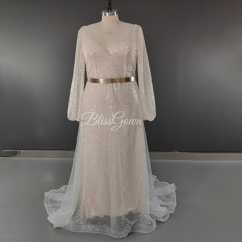 Glitter Two Pieces with Detachable Coat Gold Sash Wedding Dress