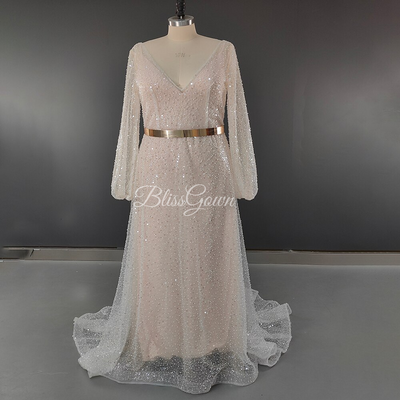 Glitter Two Pieces with Detachable Coat Gold Sash Wedding Dress