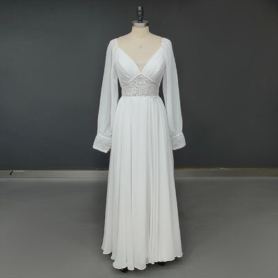 Bohemian Illusion V Neck Long Sleeve  Plus Size Chiffon Lace Wedding Dress