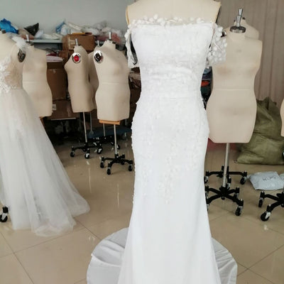 Off Shoulder Boat Neck Appliqued Boho Wedding Dress