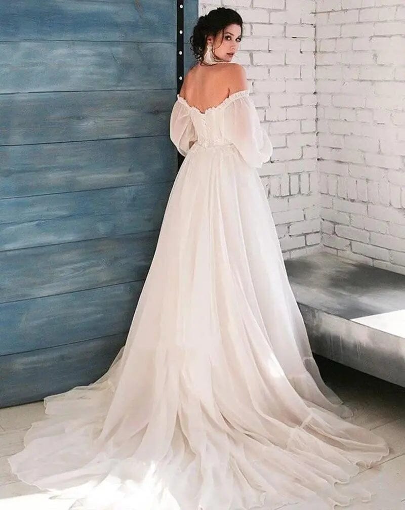 Puff Sleeves Chiffon Lace Wedding Dress Beach Wedding Dresses BlissGown.com 