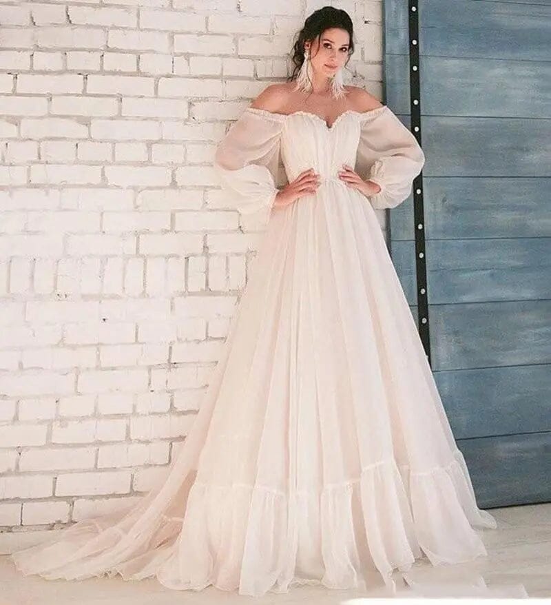Puff Sleeves Chiffon Lace Wedding Dress - BlissGown