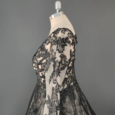 Puffy Ball Gown Long Sleeves Black Lace Wedding Dress Boho Wedding Dresses BlissGown 