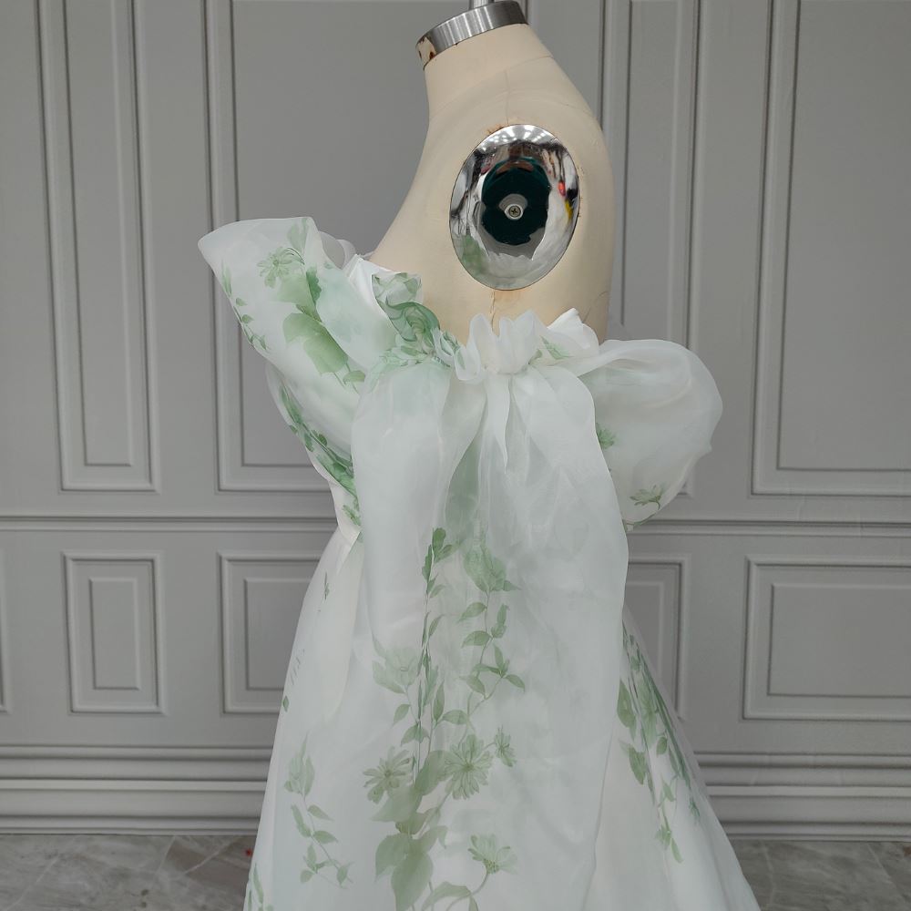 Puffy Ruffles Sleeves Floral Printed Pleat Sweep Train Wedding Dress Beach Wedding Dresses BlissGown 