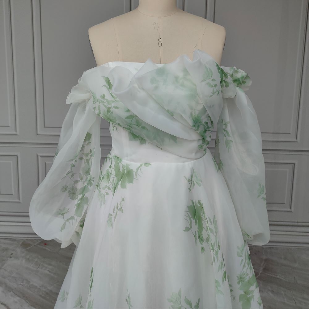 Puffy Ruffles Sleeves Floral Printed Pleat Sweep Train Wedding Dress Beach Wedding Dresses BlissGown 