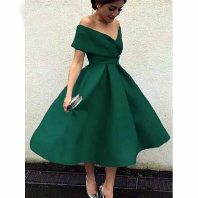 Satin Flared Cocktail Dress Special Occasion BlissGown.com Dark Green 2 