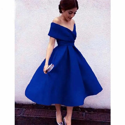 Satin Flared Cocktail Dress Special Occasion BlissGown.com Royal Blue 2 