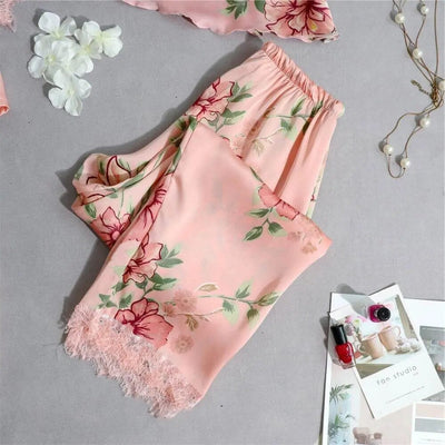 Satin Silk Floral Print Pajama Set Accessories BlissGown.com 