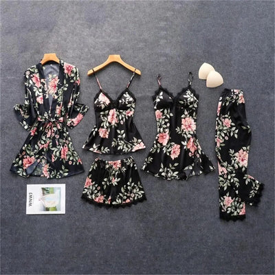 Satin Silk Floral Print Pajama Set Accessories BlissGown.com Black Floral 5pcs M 