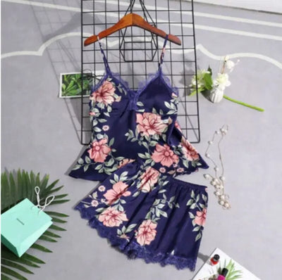 Satin Silk Floral Print Pajama Set Accessories BlissGown.com Navy Blue 2pcs M 