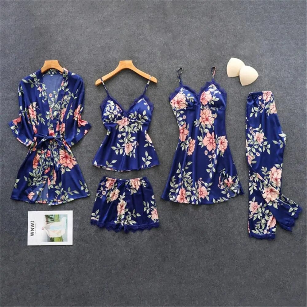 Satin Silk Floral Print Pajama Set Accessories BlissGown.com Navy Floral 5pcs M 
