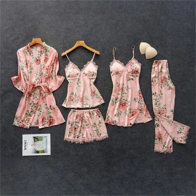 Satin Silk Floral Print Pajama Set Accessories BlissGown.com Pink Floral 5pcs M 