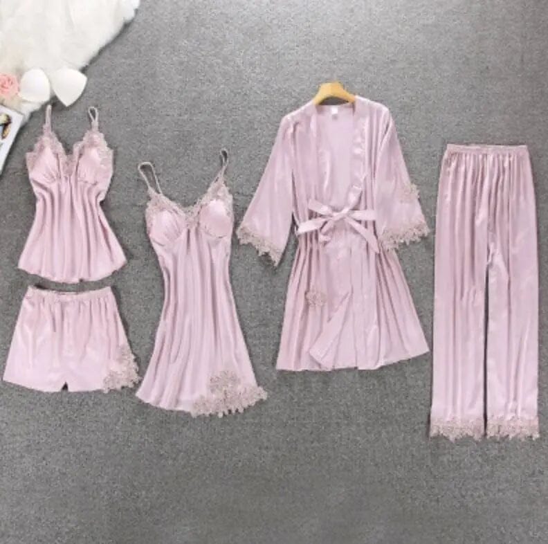 Satin Silk Floral Print Pajama Set Accessories BlissGown.com Pink Plain 5pcs M 
