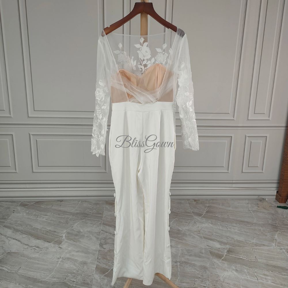 Sexy Open Back Pant Suit Long Sleeves Wedding Dress Sexy Wedding Dresses BlissGown 