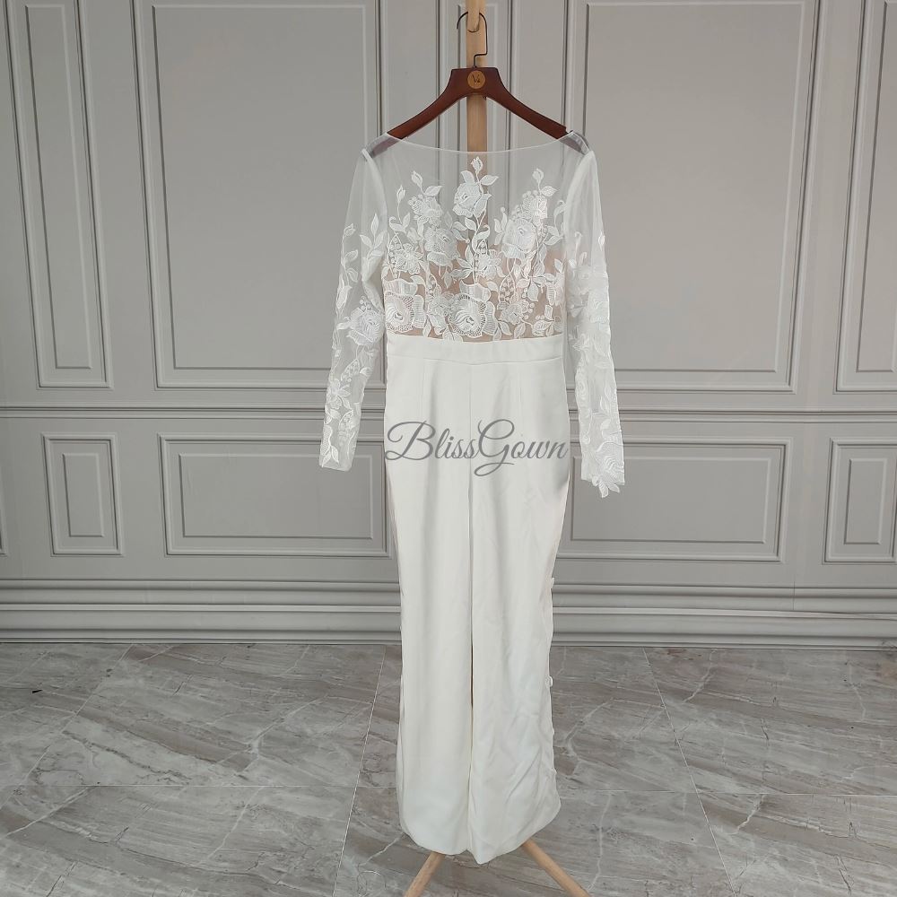 Sexy Open Back Pant Suit Long Sleeves Wedding Dress Sexy Wedding Dresses BlissGown As Picture 2 
