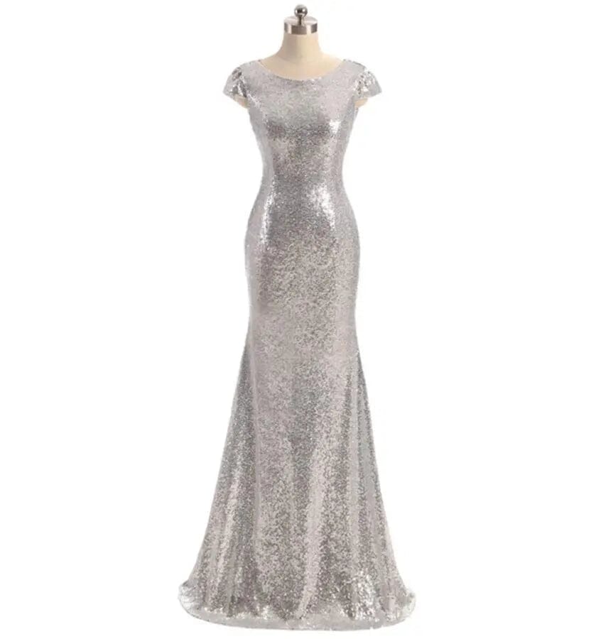 Short Sleeve Floor Length Bridesmaid Dress Bridesmaid Dresses BLISS GOWN Silver 2 
