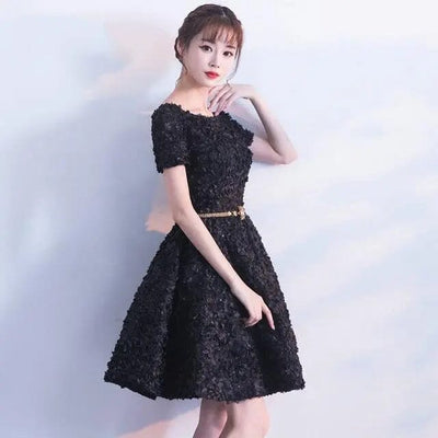 Short Sleeve Knee Length Appliques Prom Dress Lace Prom Dresses BLISS GOWN Black 2 