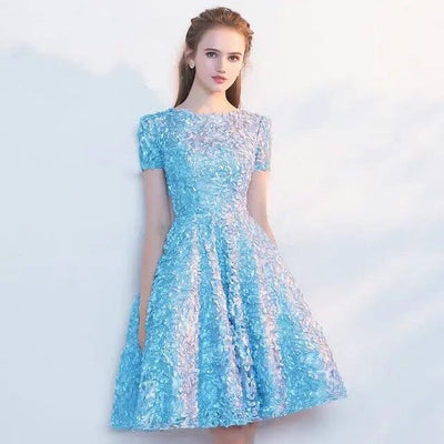 Short Sleeve Knee Length Appliques Prom Dress Lace Prom Dresses BLISS GOWN Sky Blue 2 