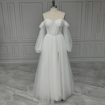 Side Slit Chiffon Long Puffy Sleeves Wedding Dress Sexy Wedding Dresses BlissGown As Picture 2 