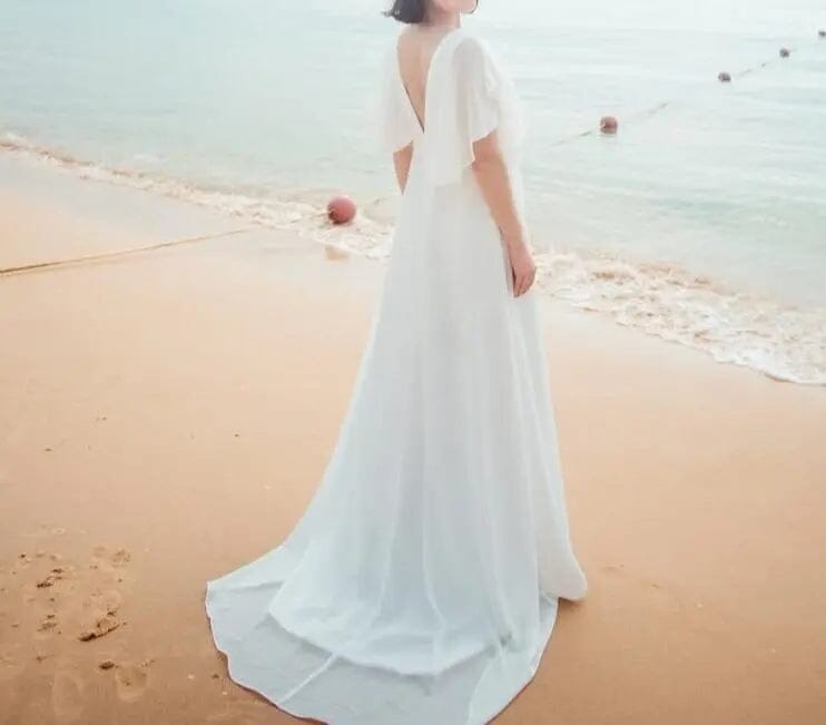 Simple Backless Chiffon Bride Wedding Dress Beach Wedding Dresses BlissGown.com 