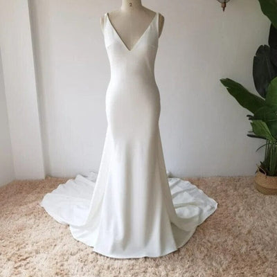 Simple Crepe Open Back Deep V Detachable Train Boho Bridal Gowns Sexy Wedding Dresses BlissGown 