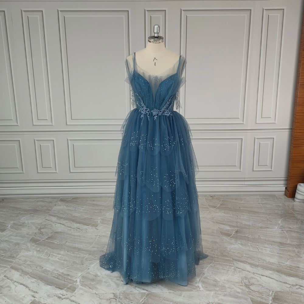Sparkly Dark Blue Tulle Beaded Shiny Evening Dress Evening & Formal Dresses BlissGown 