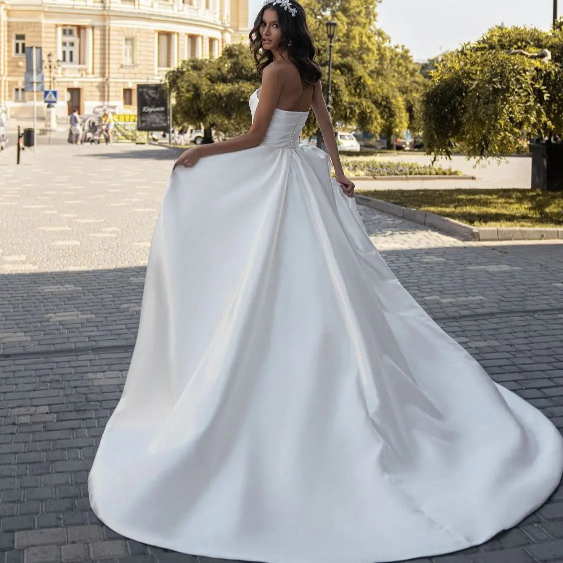 Sweep Train Strapless Pleat Satin A-line Wedding Dress Classic Wedding Dresses BlissGown 