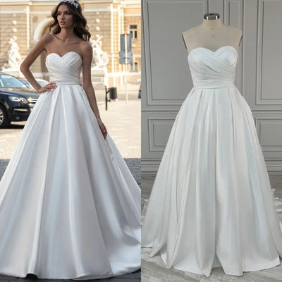 Sweep Train Strapless Pleat Satin A-line Wedding Dress Classic Wedding Dresses BlissGown As Picture 2 