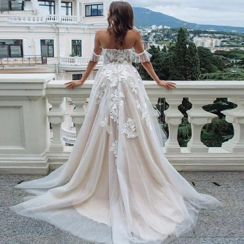 Tulle Backless Off Shoulder Wedding Dress Romantic Wedding Dresses BlissGown.com 