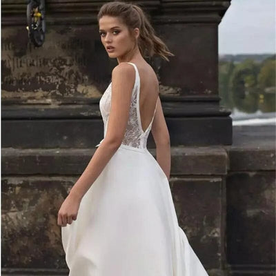 V Neck Lace Plus Size Satin Wedding Dress Beach Wedding Dresses BlissGown.com 