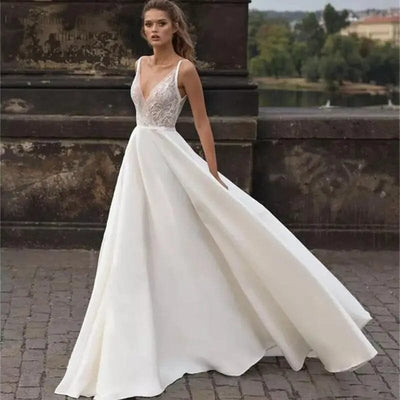 V Neck Lace Plus Size Satin Wedding Dress Beach Wedding Dresses BlissGown.com 