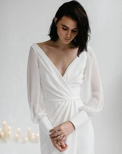 White Backless Satin Long Sleeve Wedding Dress Classic Wedding Dresses BlissGown.com 