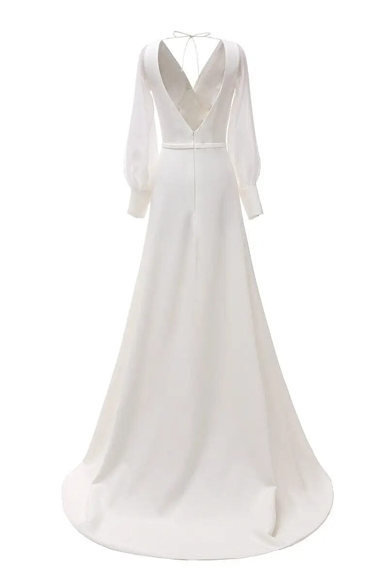 White Backless Satin Long Sleeve Wedding Dress Classic Wedding Dresses BlissGown.com 
