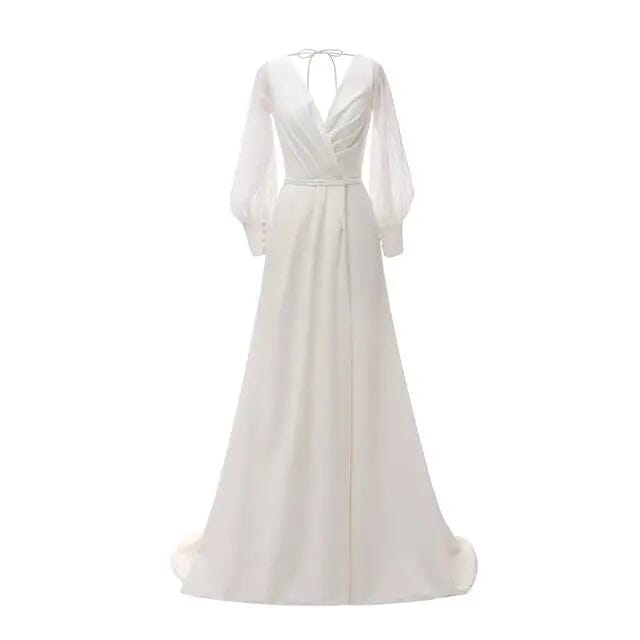 White Backless Satin Long Sleeve Wedding Dress Classic Wedding Dresses BlissGown.com White 2 