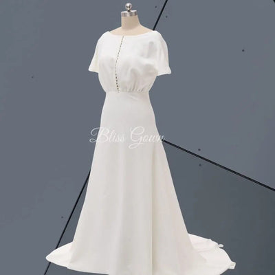 White Simple Pearl Button Classic Wedding Dress Classic Wedding Dresses BlissGown.com 