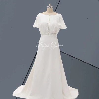 White Simple Pearl Button Classic Wedding Dress Classic Wedding Dresses BlissGown.com 